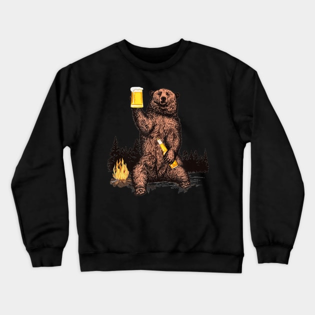 Bear Drinking Beer Camp Fire Woods Outdoor Funny Grizzly Crewneck Sweatshirt by easleyzzi